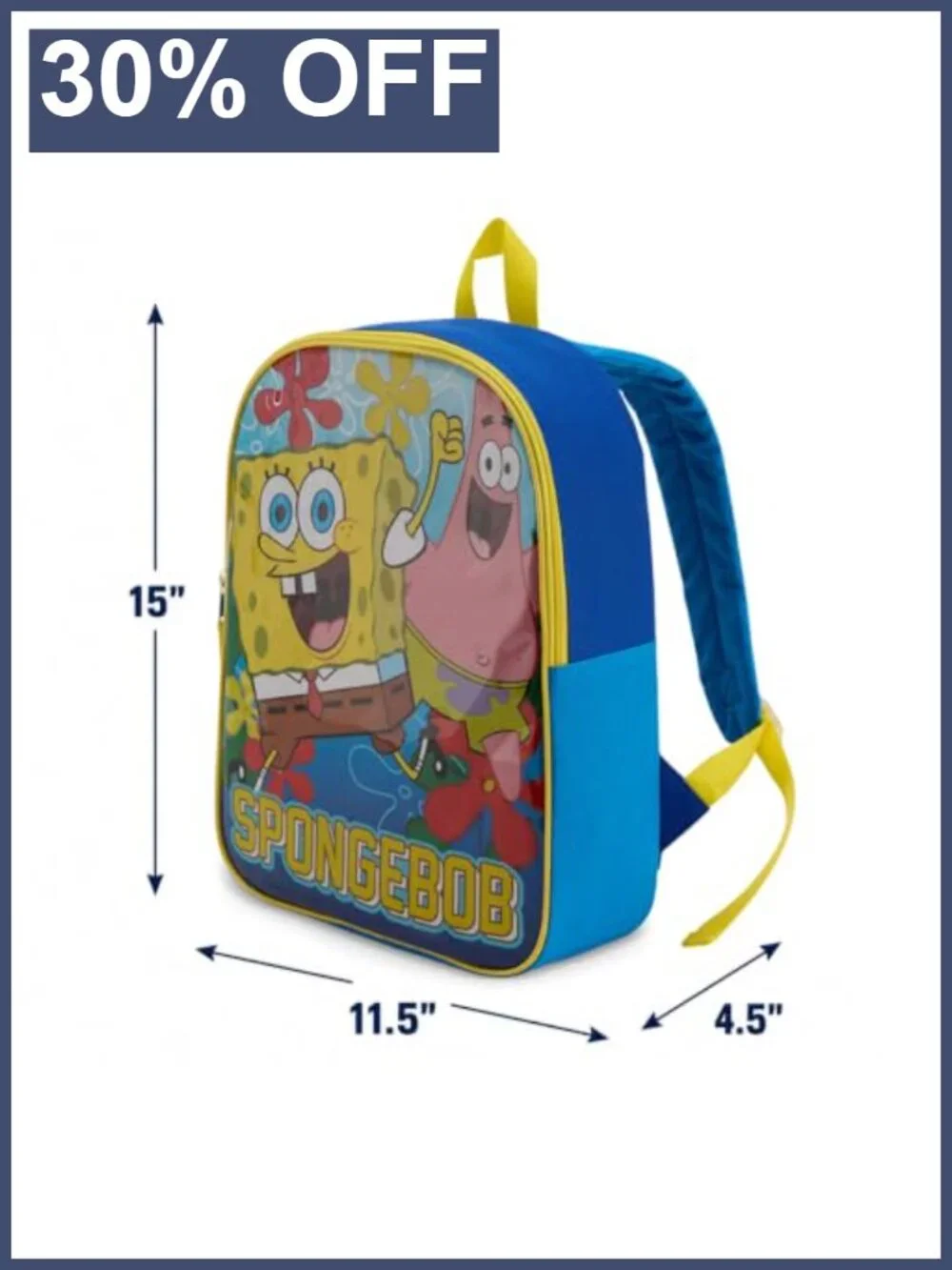 Toddler Spongebob Backpack Padded Straps Zip Compartment 15 Inch